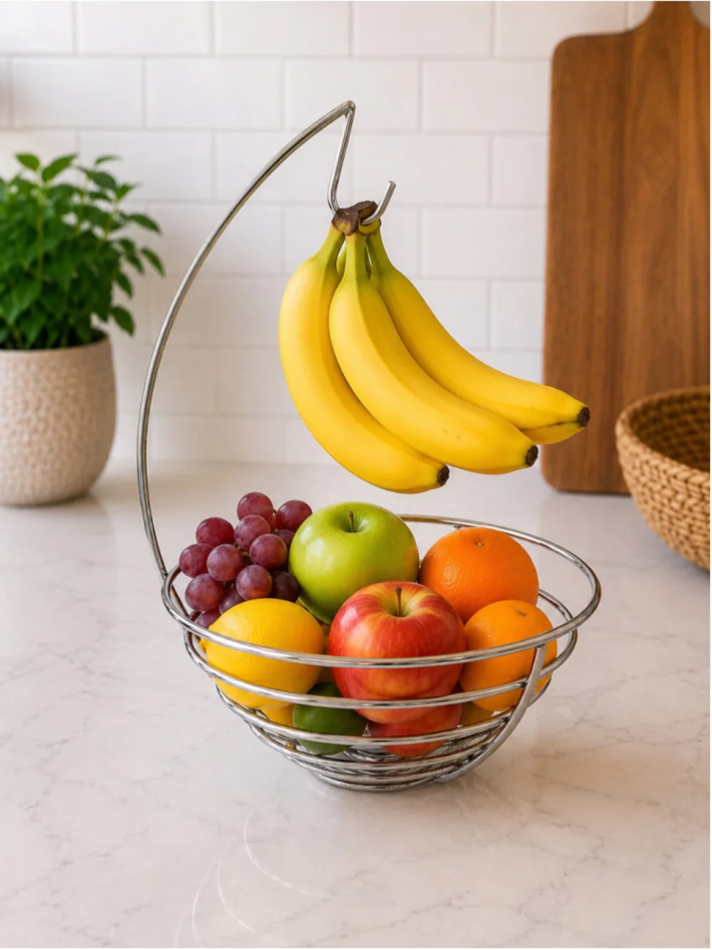 2-Tier Fruit Basket with Banana Hanger – Stainless Steel Countertop Fruit Tree